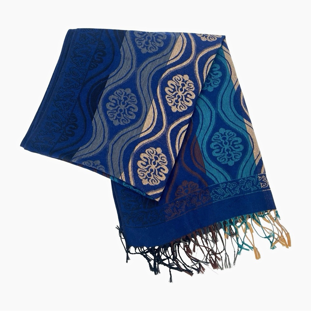 F.C Blue Teal Paisley Woven Fringe Shawl Wrap 100% Polyester 27" Wide